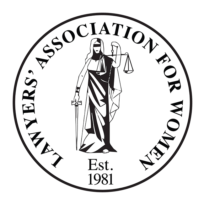 Lawyers' Association for Women logo: blindfolded figure holding scales and sword, within a circular frame.