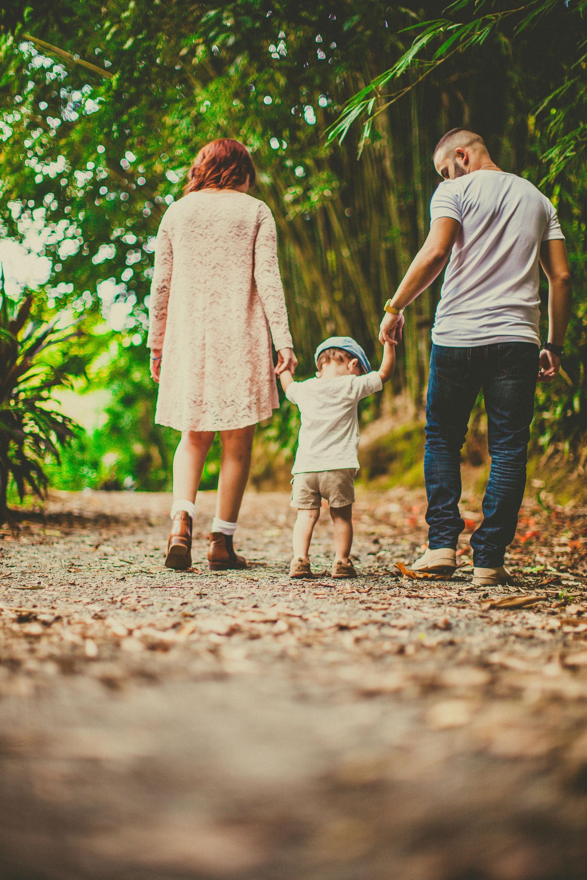 Family walking along a dirt path in a wooded area, holding hands; low angle.