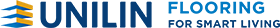 Logo di Unilin Flooring, con testo blu e design stilizzato. Di seguito la scritta 
