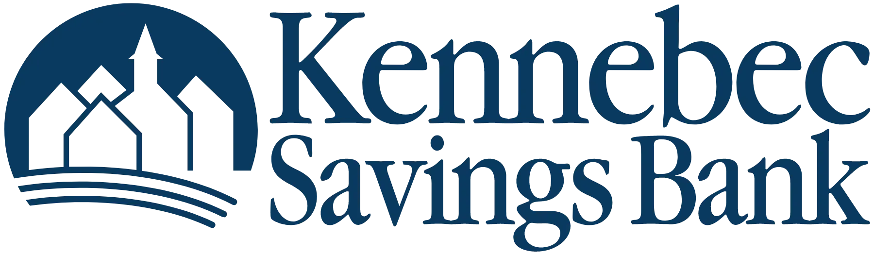 Blue and white logo: Buildings and a church steeple under a blue arc, over curved lines.