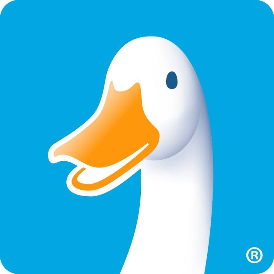 White goose head with orange beak on a blue background.
