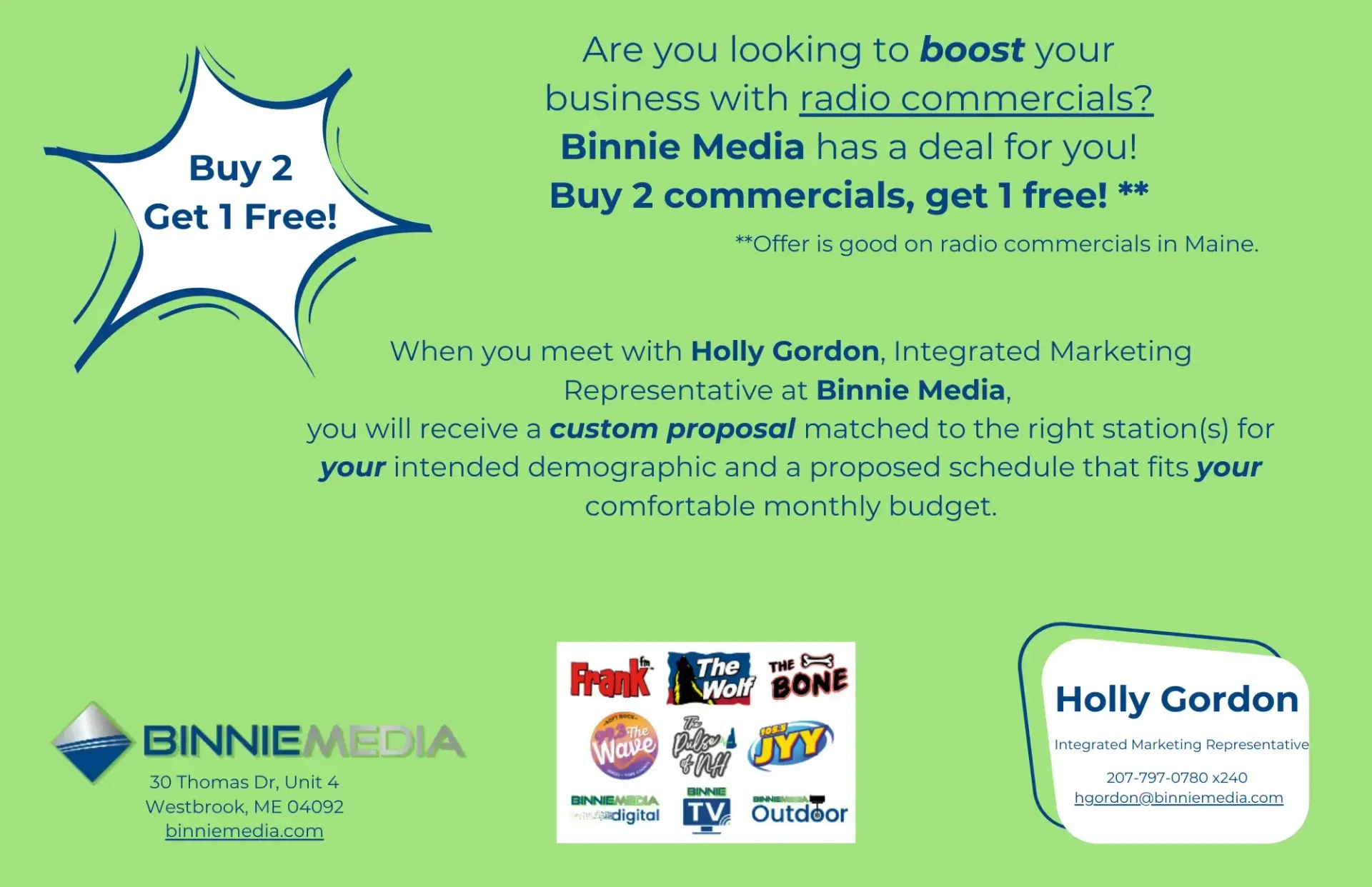 An advertisement for binnie media that says buy 2 get 1 free