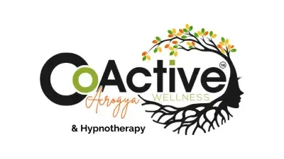 A logo for coactive wellness and hypnotherapy with a tree and a woman 's face.