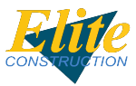 The logo for elite construction is yellow and blue.
