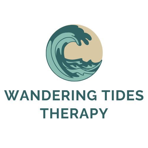 A logo for wandering tides therapy with a wave in a circle.
