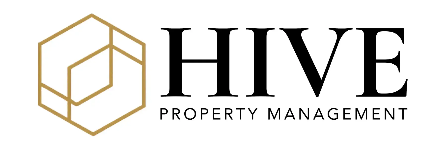 Hive Property Management logo with gold geometric hive icon and black text on white background
