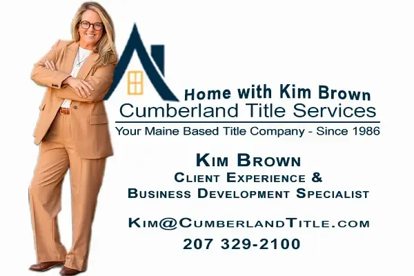 Woman in tan suit, arms crossed, stands next to Cumberland Title Services logo. Includes contact information.