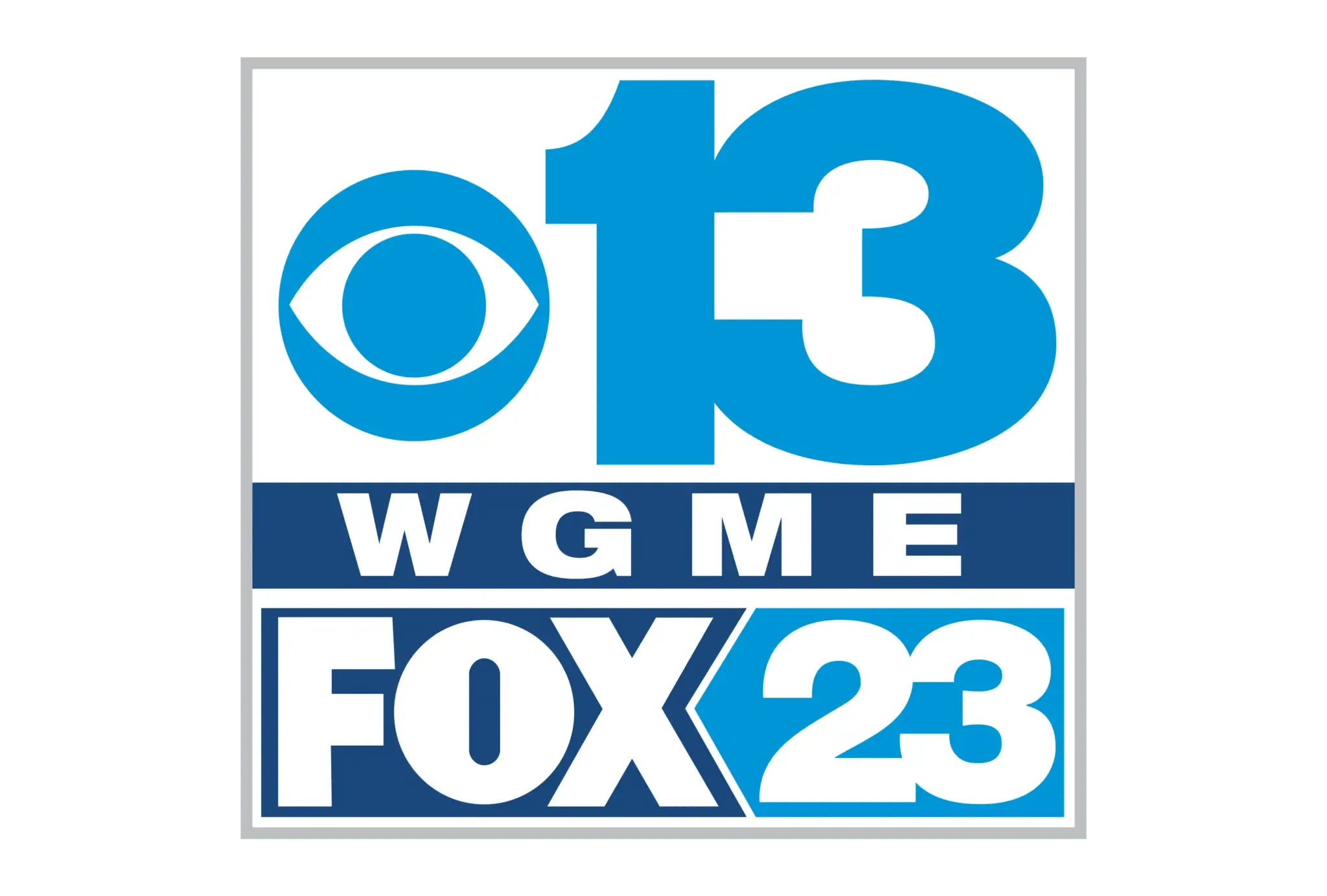 WGME CBS 13 Maine and FOX 23 logo. Blue and white colors. Square design with station identifiers.