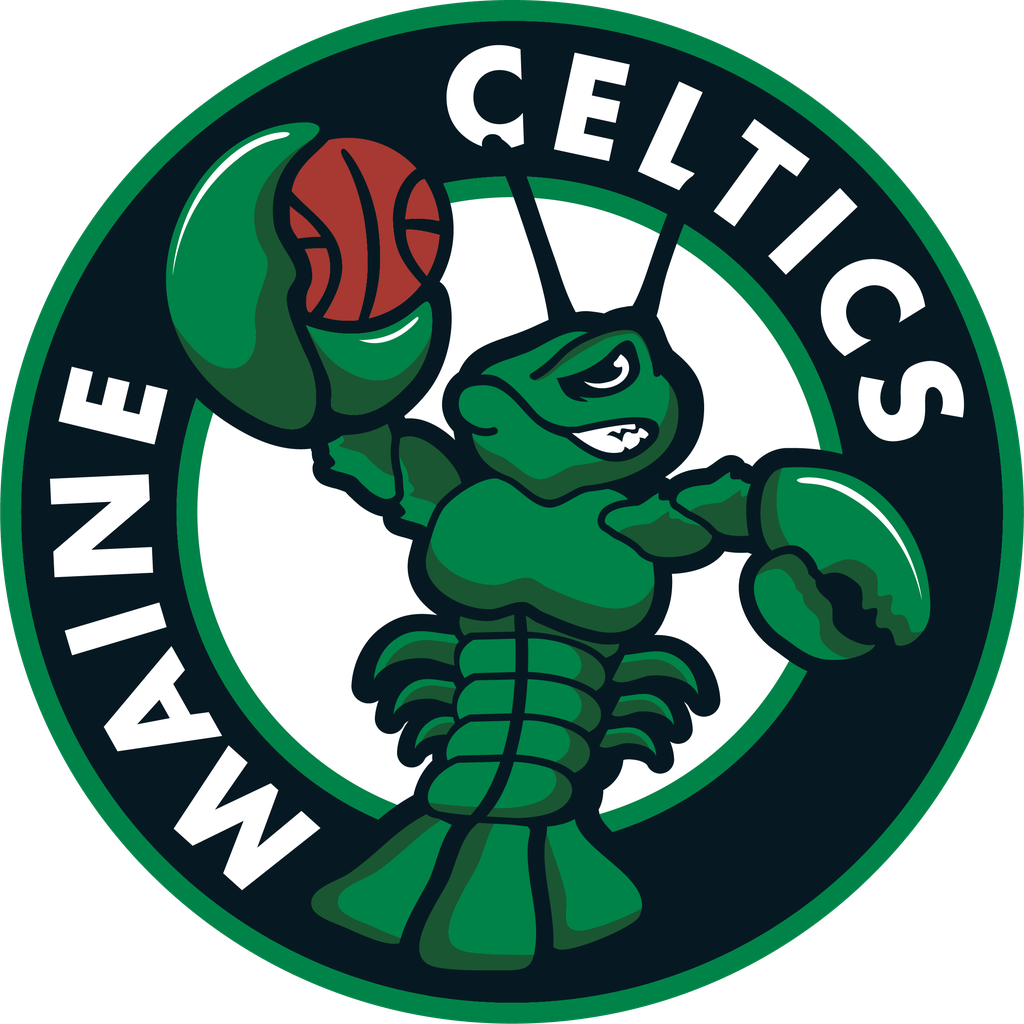 The maine celtics logo has a lobster holding a basketball.