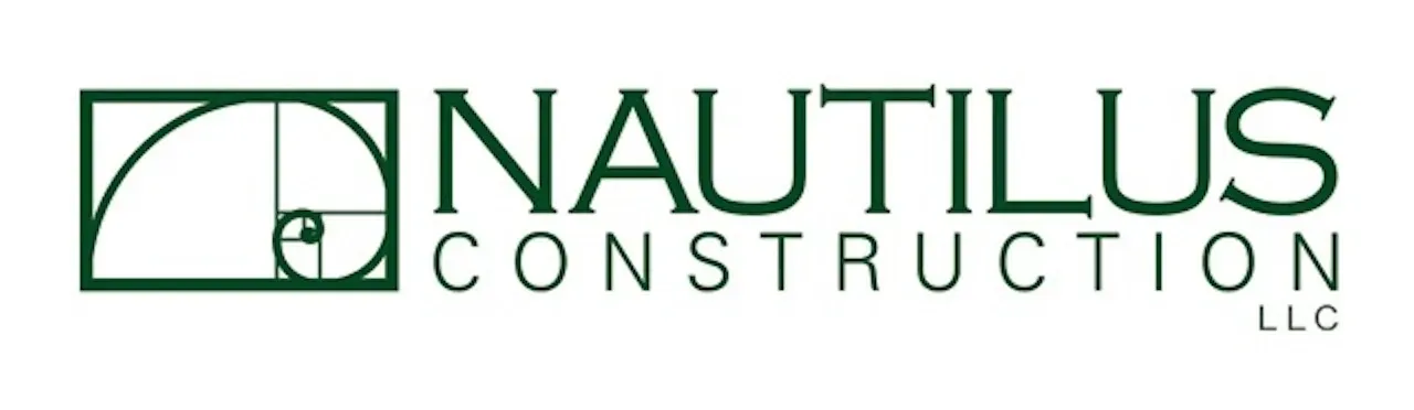 Logo for Nautilus Construction LLC, green and white. Square with golden ratio spiral graphic, green text.