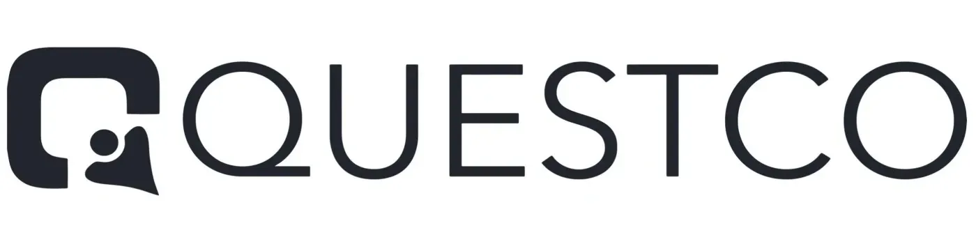 Logo for Questco, featuring a speech bubble and person icon within a rounded square. Text 