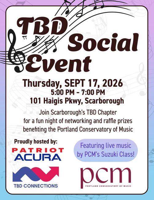 networking flyer for TBD July 22, 2026 at Oak St. Bistro in Alfred, Maine 5 to 7 pm