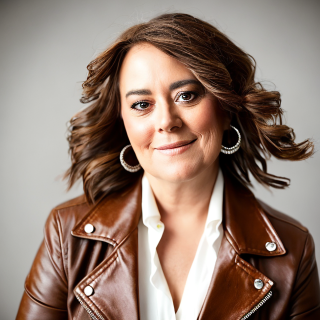 A woman wearing a brown leather jacket and hoop earrings