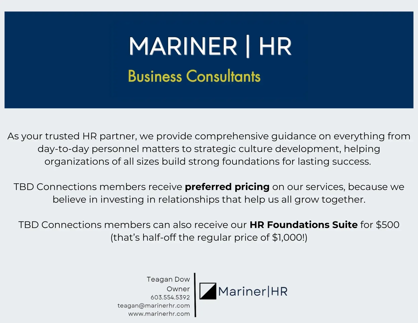 An advertisement for mariner hr business consultants