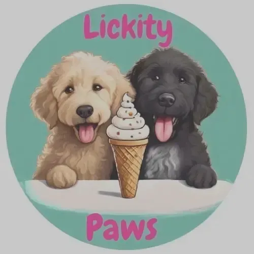 Two cartoon puppies licking an ice cream cone with “Lickity Paws” text on a teal circle background
