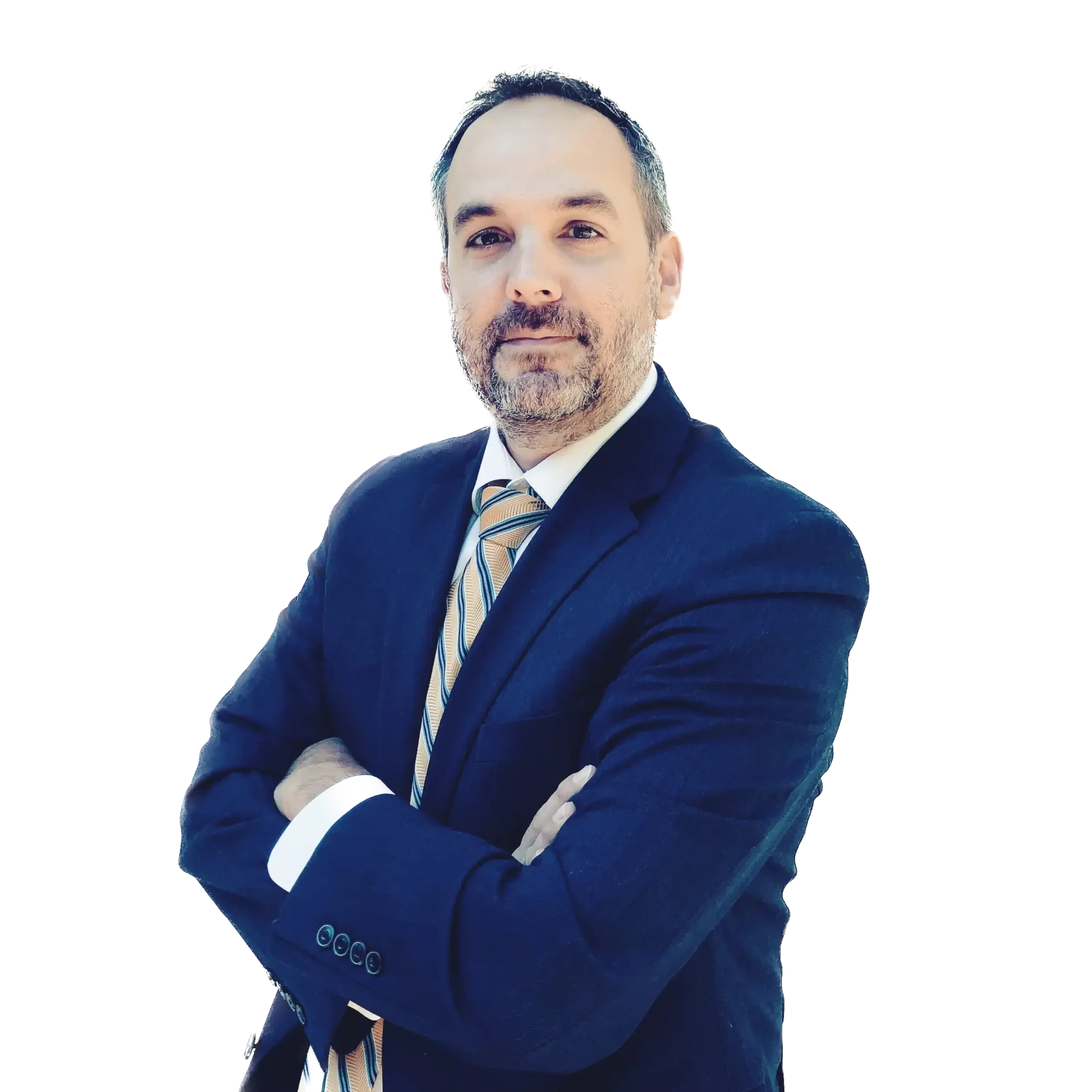 A man in a suit and tie with his arms crossed