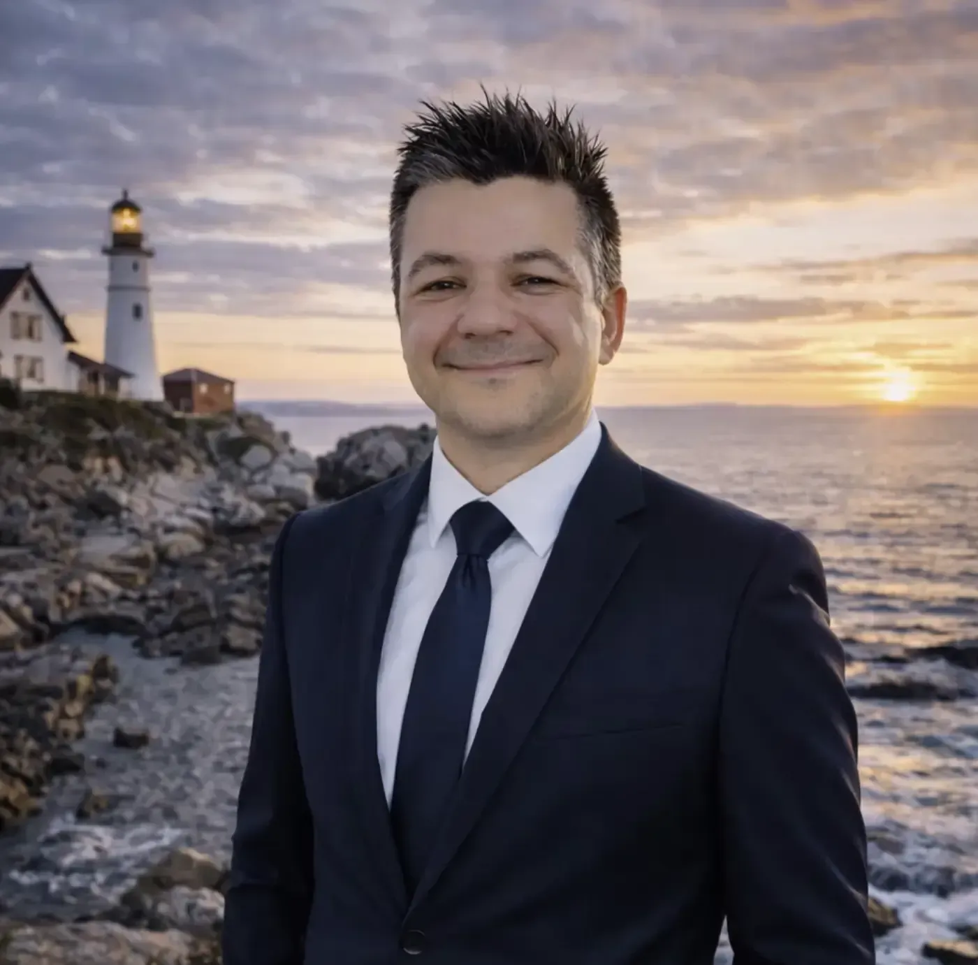 Man in a dark suit smiling by a lighthouse at sunset near the shore