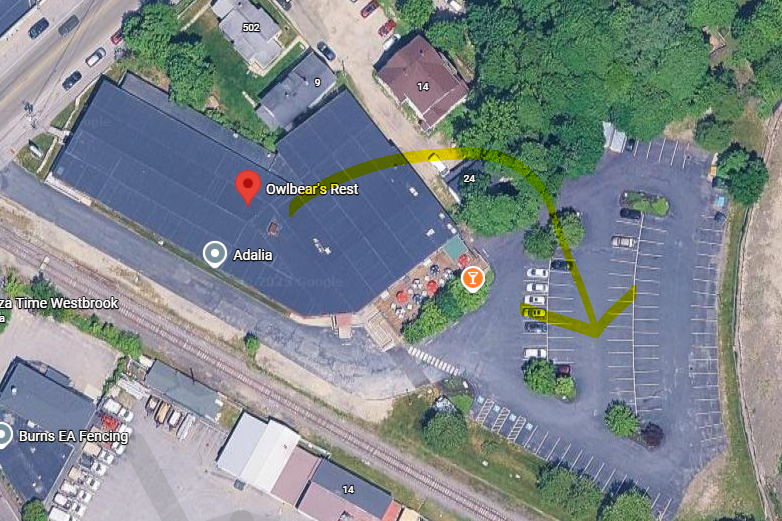 Aerial view of a building labeled 