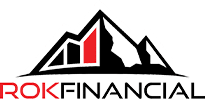 Logo of ROK Financial. Black mountain peaks with red and black graphic elements, red and black text below.