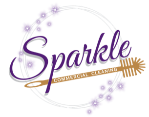 A purple and gold logo for sparkle commercial cleaning