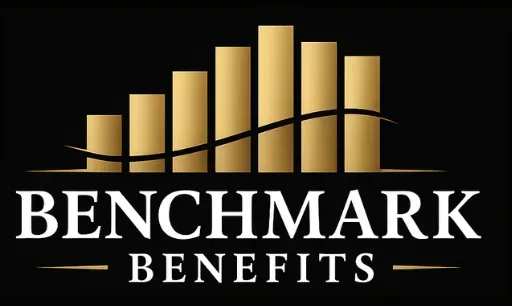 A logo for benchmark benefits with gold bars on a black background