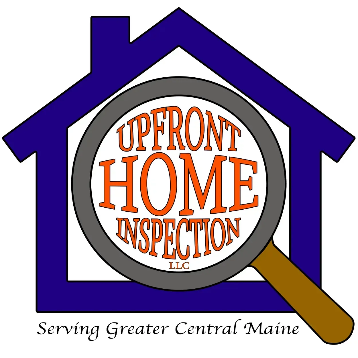 A logo for upfront home inspection shows a magnifying glass in front of a house