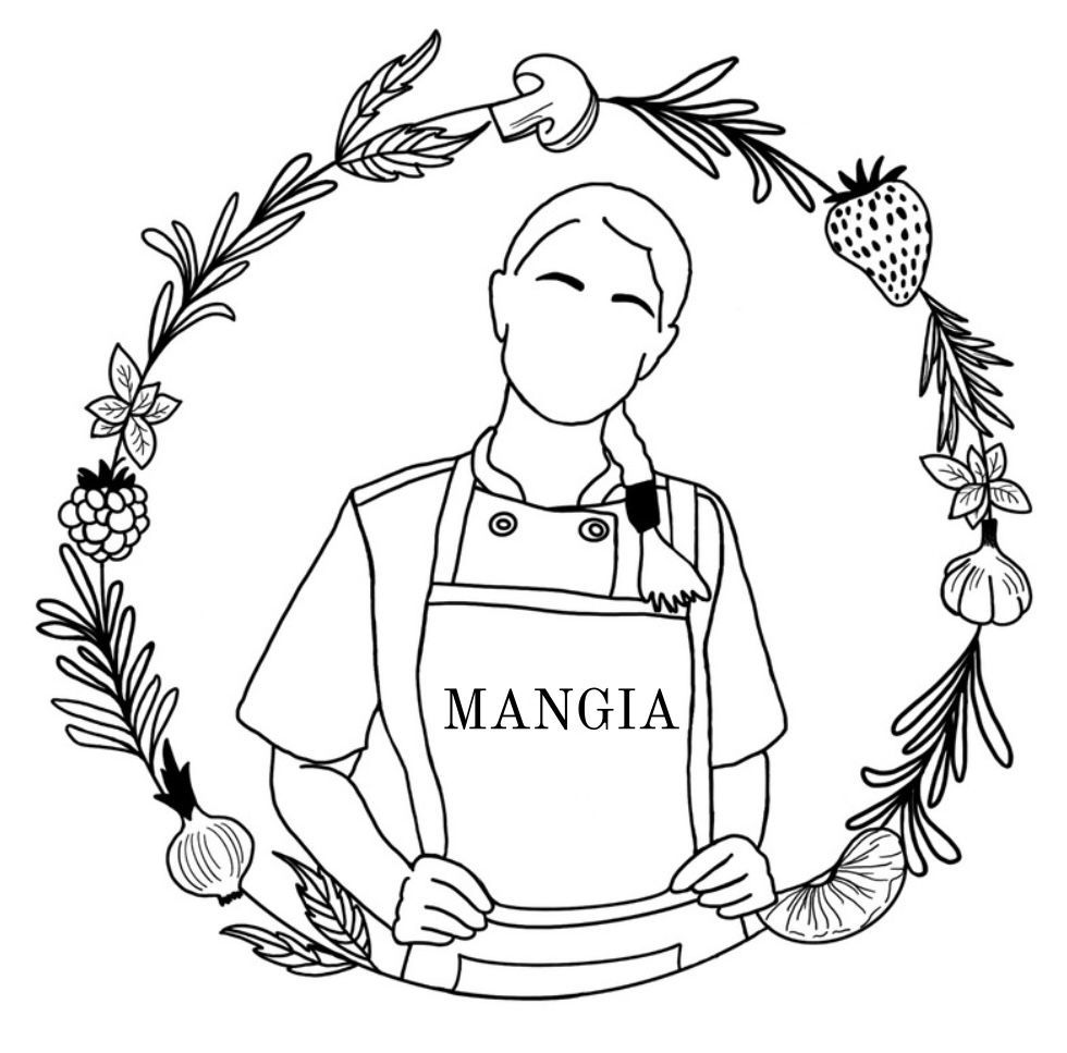 A black and white drawing of a woman in an apron holding a menu.