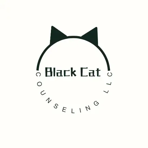 Logo: Black Cat Counseling LLC. Black cat ears above a semi-circle with text “Black Cat” inside and “Counseling LLC” around the circle.