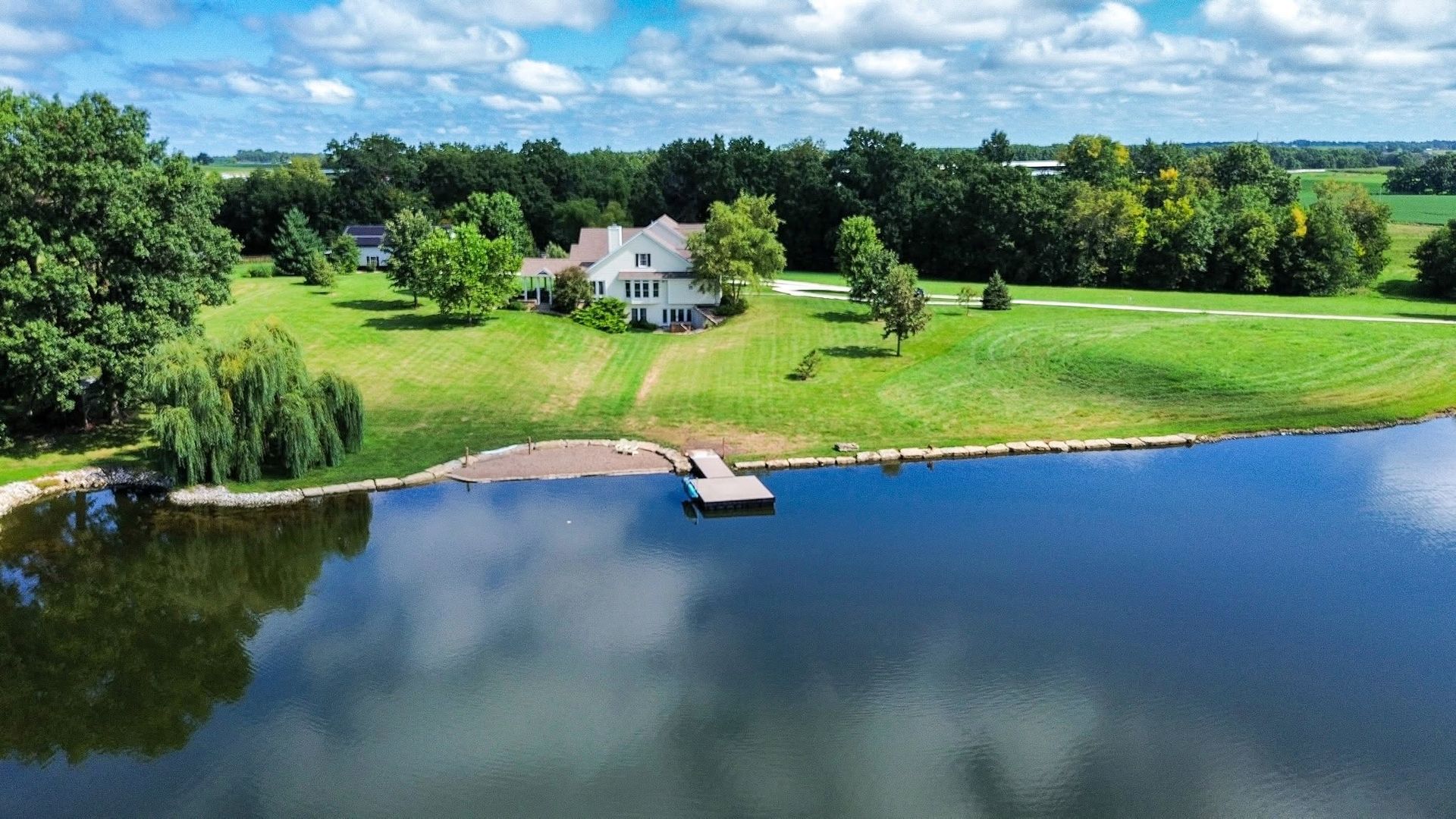 A calm blue lake with a small dock, bordered by green trees and grass.