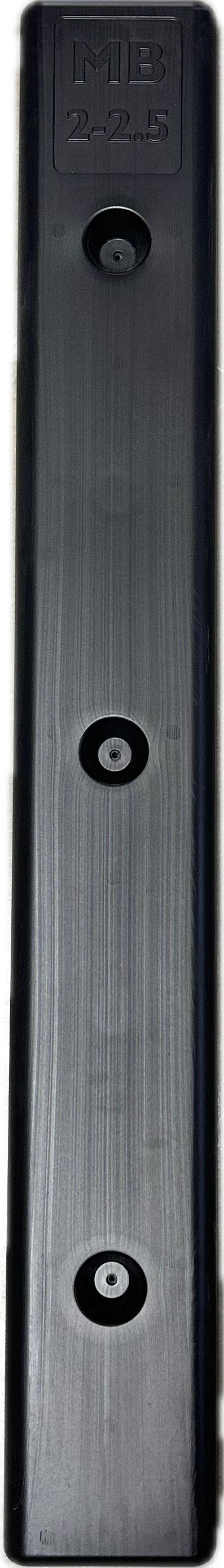 Black rectangular device front panel with small display, central dial, and two round buttons on a white background