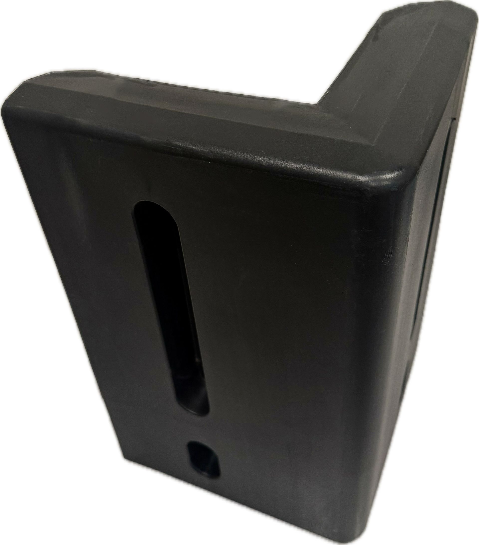 Black plastic corner bracket with a vertical slot and small hole.