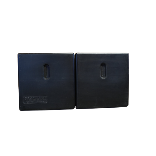 Two black square bumpers with central keyhole slots, side by side on a white background