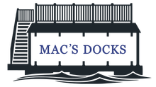 MAC’S DOCKS logo with a dock and stairway over stylized waves in navy blue and white