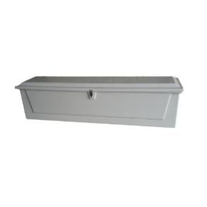 Gray rectangular wall-mounted planter with a front latch on a white background