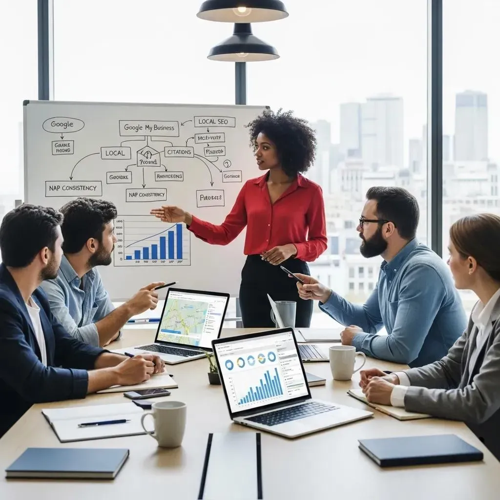 Digital marketing team discussing local SEO strategies in an office