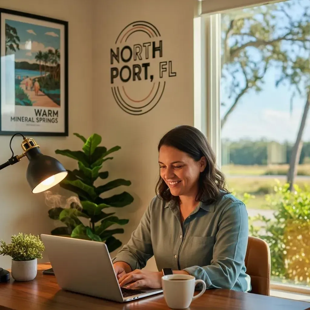 Small business owner in North Port, FL, working on SEO strategies in a modern office