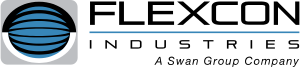 Logo of Flexcon Industries: black text on white background with a blue sphere and a small text 