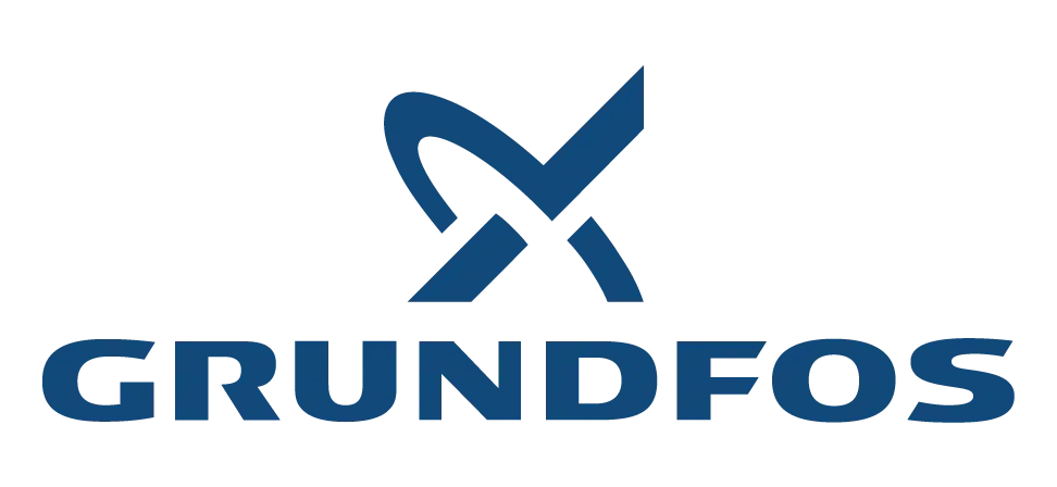 Grundfos logo: a dark blue stylized symbol above the word 