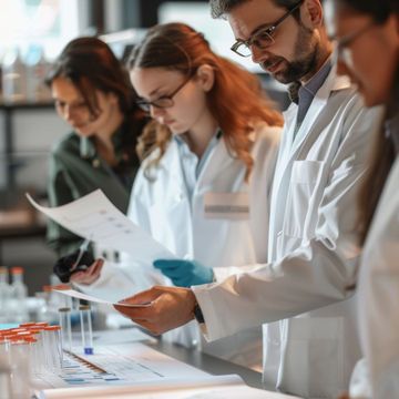 Equipe de assessoria científica discutindo laudos e resultados de projetos de biotecnologia
