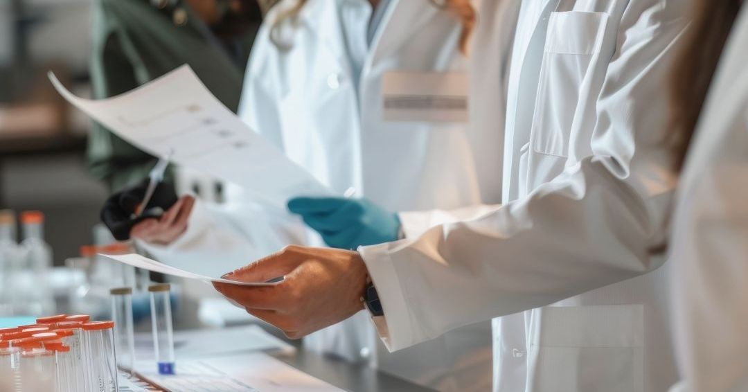 Equipe técnica de saúde discutindo resultados e laudos de testes genéticos baseados em NGS