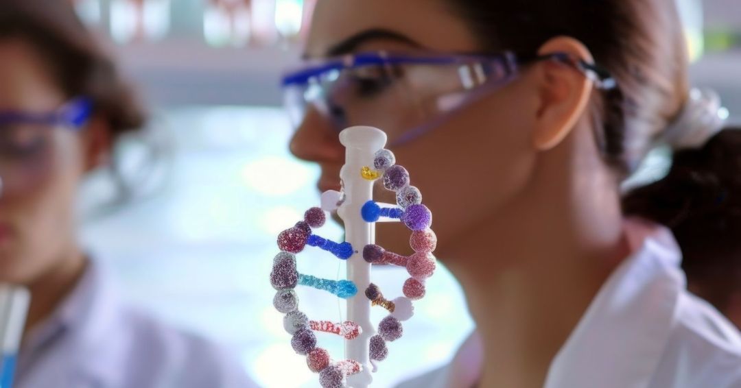 Cientistas avaliando modelo estrutural de DNA em laboratório de análises genômicas