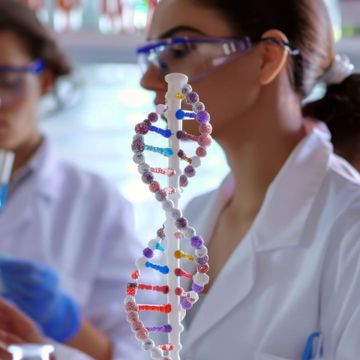Pesquisadoras avaliando estrutura de DNA em laboratório de genética 