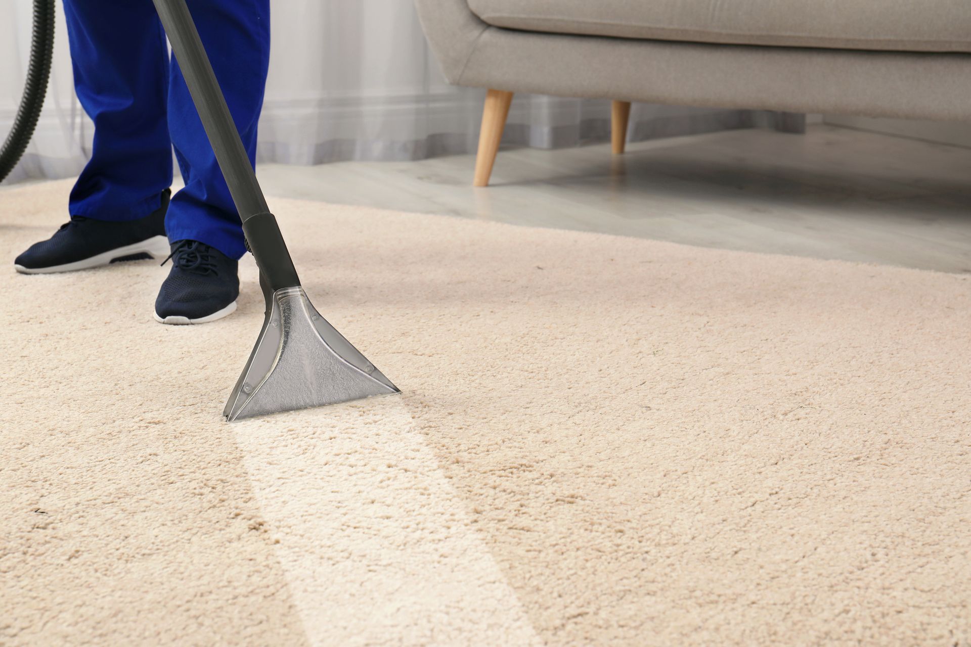 A carpet cleaning professional using a steam extraction tool to clean a light-colored carpet.