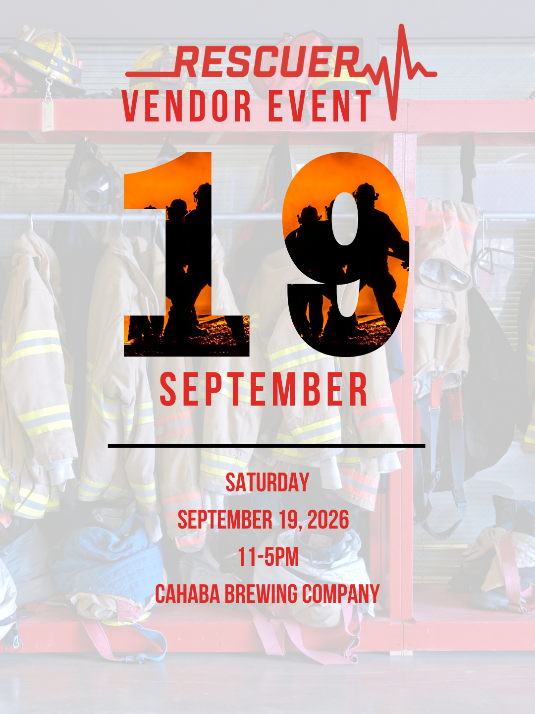 Firetruck-lit vendor event flyer for Rescuer, October 11, 2025, with red and white text.