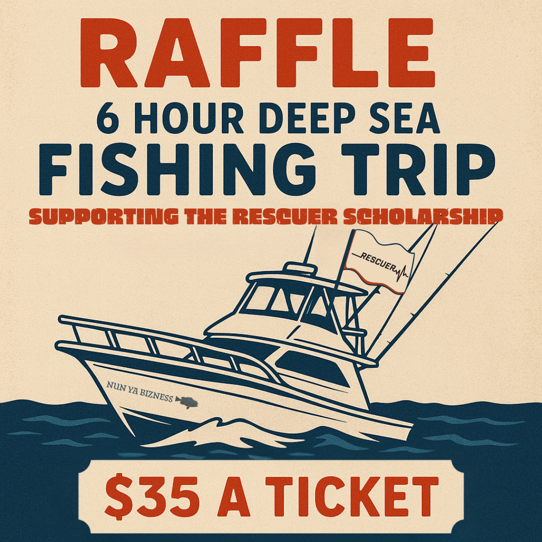 Raffle poster for a 6-hour deep sea fishing trip, $35 a ticket, with a boat on blue waves.