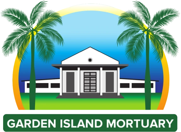 Garden Island Mortuary logo with white building, palm trees, and green banner
