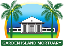 Garden Island Mortuary logo with white building, palm trees, and green banner