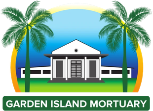 Garden Island Mortuary logo with white building, palm trees, and green banner