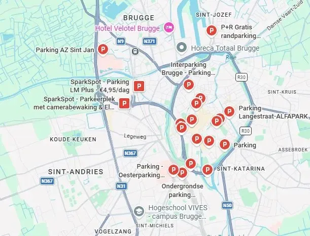 kaart met overzicht van de parkings in Brugge