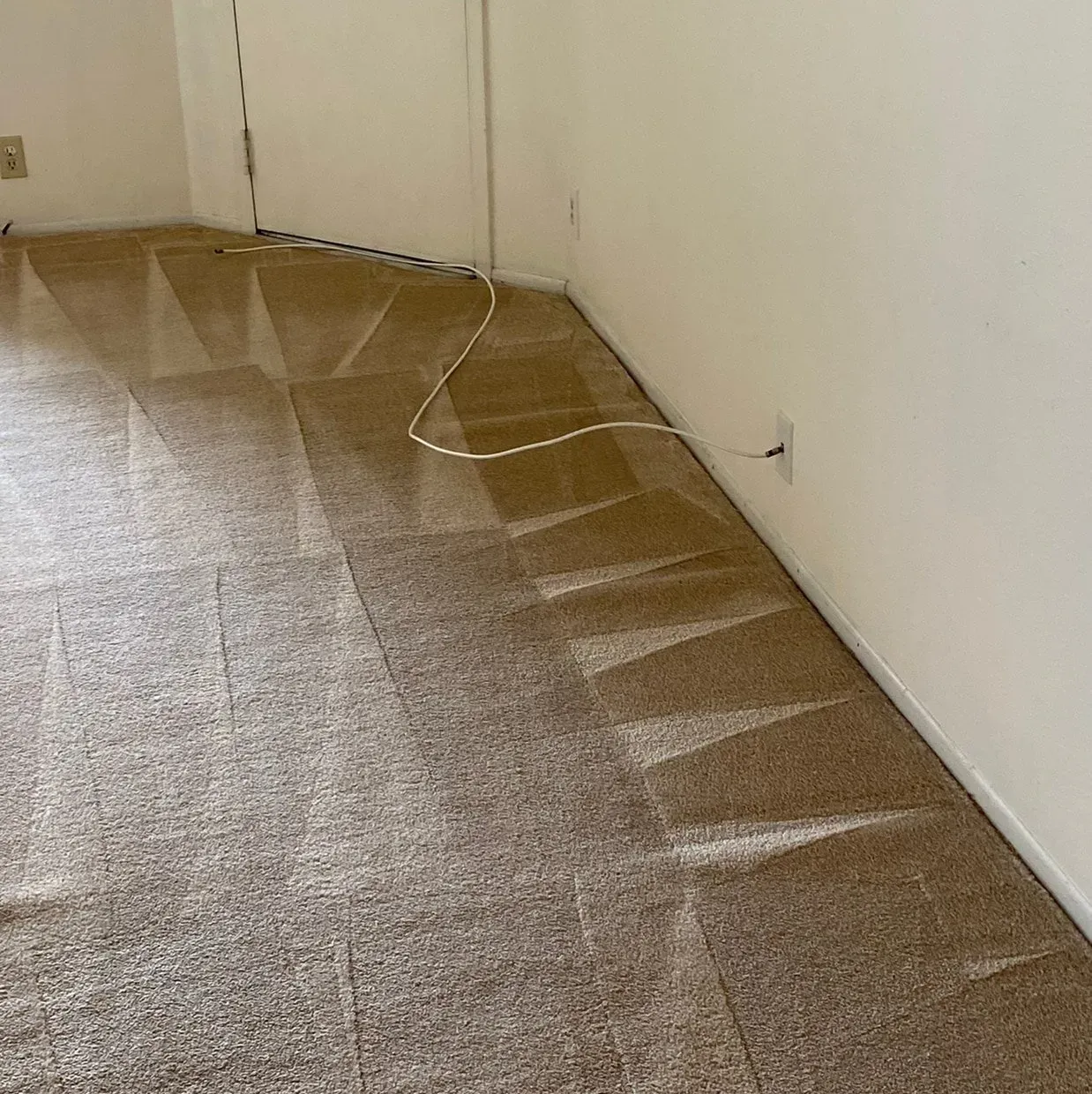 Carpeted room with sunlight creating bright triangular reflections along the wall.